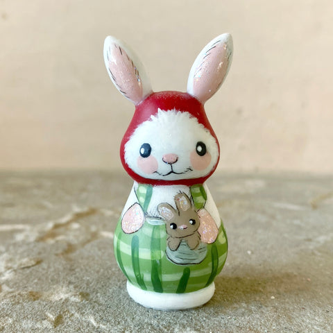 2” White Bunny with Baby: Red Cap