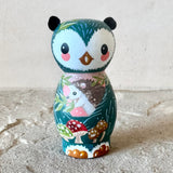 3” Winter Friend: Owl with Hedgehog and Mushrooms (Teal)