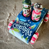 Set of 3: 2.5” Rudolph and Frosty in a Christmas Cruiser