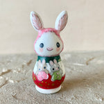 2” White Bunny with Babies: Pink Plaid Cap