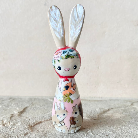 3.5” Bunny with Cardinal, Baby Bunny and Squirrel (Pink/Red)