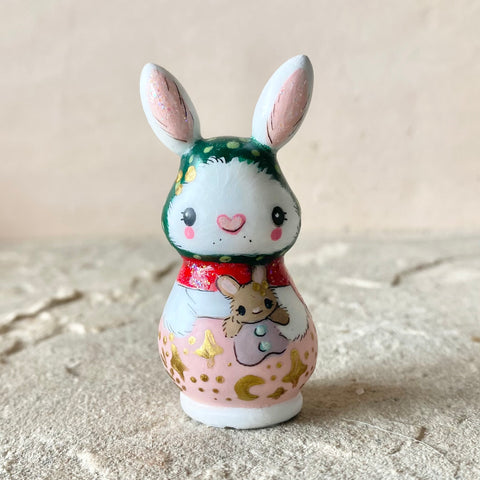 2” White Bunny with Baby: Green Cap