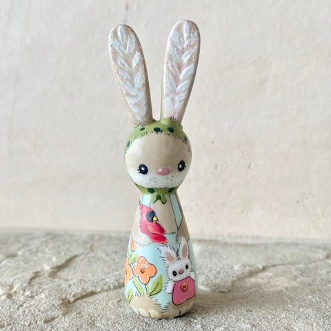 3.5” Bunny with Cardinal and Baby Bunny (Sky/Green Dot)