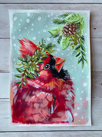 7x10” *Original* Cardinal in Snow