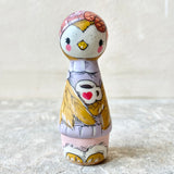 *Original* 3.25” Ochre Owl holding Coffee